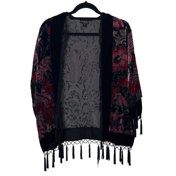 MSK Petite Velvet Burnout Beaded Kimono Jacket Size M Gypsy Floral Tassels - Picture 2 of 8